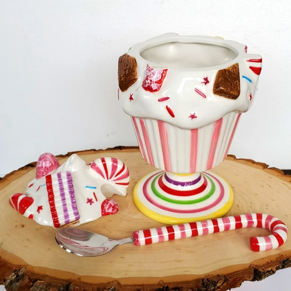 Anthropologie Gliterville Fancy Ceramic Ice Cream/Pudding Dish with Lid & Spoon